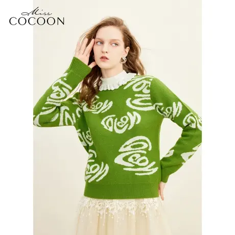 missCOCOON宽松圆领上衣2023冬装新款女亮眼撞色字母爱心毛针织衫商品大图