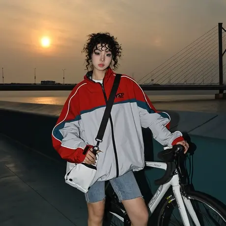 YEP复古运动风拼接外套女春秋2024新款街头潮牌宽松oversize夹克商品大图