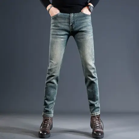 香港高端复古蓝牛仔裤男秋冬款修身小脚2023新款潮牌水洗男士裤子商品大图