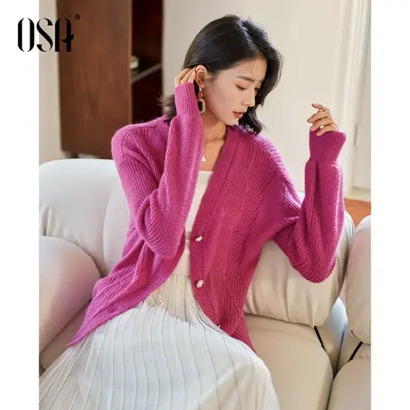 OSA欧莎慵懒风玫红色针织开衫春装女2023年新款短款宽松毛衣外套商品大图