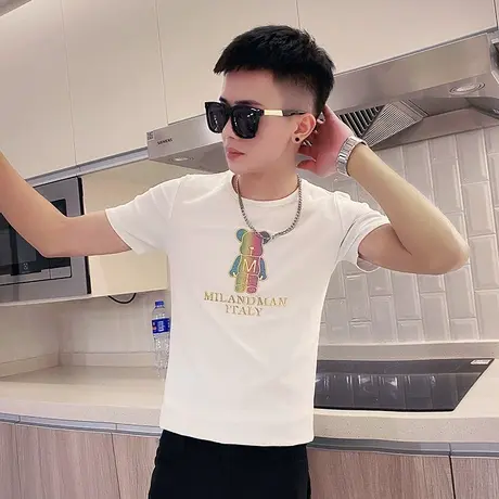 夏季男士打底衫t恤短袖修身彩色渐变小熊时尚ins半袖潮流圆领体恤商品大图