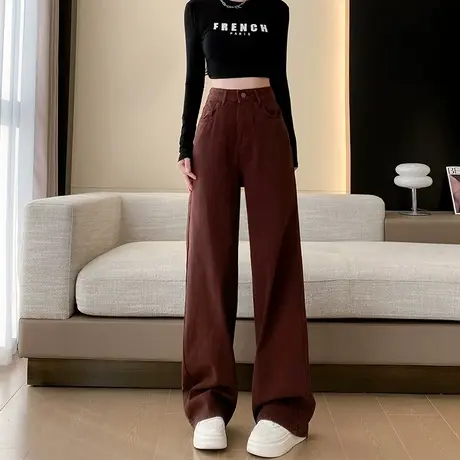 高腰阔腿加绒牛仔裤女冬季新款宽松显瘦垂感百搭窄版直筒拖地裤子商品大图