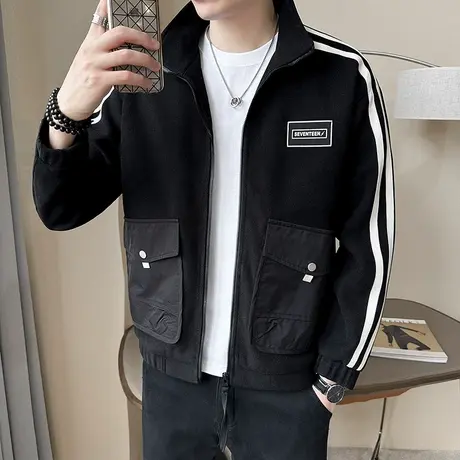 秋季潮牌立领痞帅工装夹克男2023重磅新品网红潮流条纹休闲外套商品大图