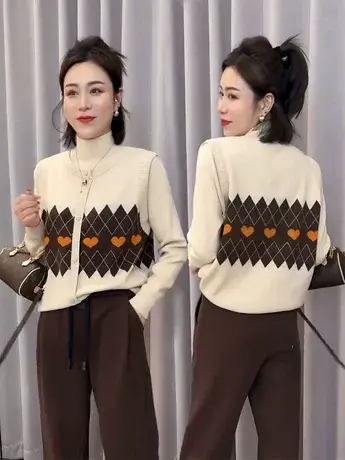爆款半高领假两件针织衫毛衣女2023秋冬季菱格马甲拼接针织打底衫图片