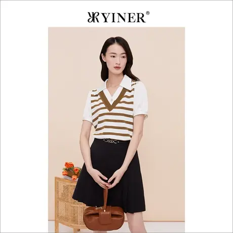 YINER音儿线上专选女装2023夏季条纹翻领针织衫短袖温柔风商品大图
