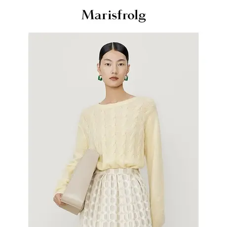 【梵高黄】玛丝菲尔22年春季新款黄色羊毛圆领毛针织衫慵懒风商品大图