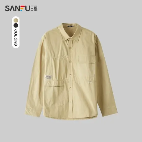 三福2024春季男士口袋贴标长衬衫 日系户外翻领纯棉上衣482339图片