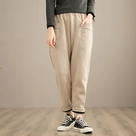 dza 文艺加绒裤子女士高腰显瘦休闲裤加厚卫裤新款2023宽松直筒裤图片