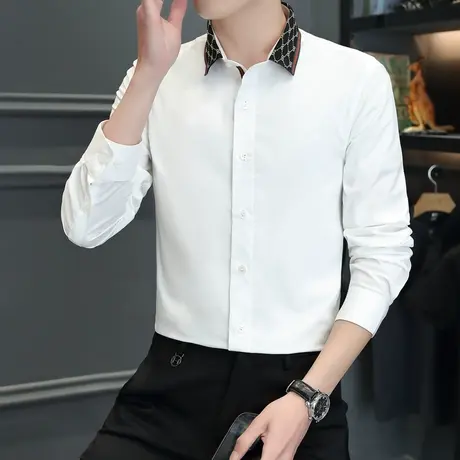 高端拼色白衬衫长袖男士商务休闲打底西装衬衣青年春秋季百搭寸衫图片