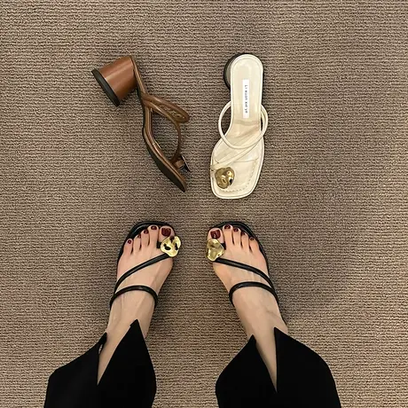 高跟粗跟套趾拖鞋女2024年夏季新款度假风凉鞋INS百搭沙滩凉拖鞋商品大图