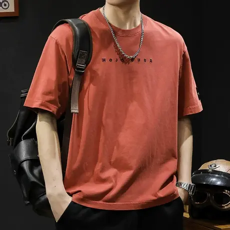 红色潮牌短袖t恤男士宽松大码夏季2024新款男款半袖纯棉男装体恤商品大图