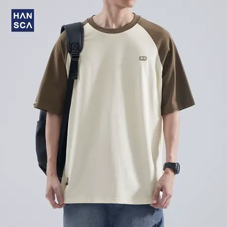 hansca 插肩袖撞色短袖T恤男士夏季重磅潮牌纯棉圆领宽松运动上衣商品大图