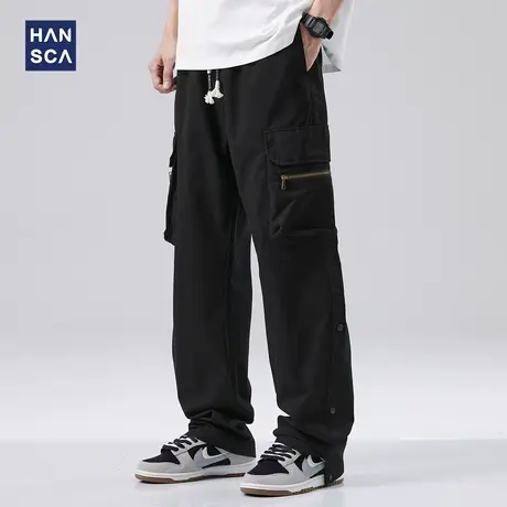 hansca排扣直筒工装休闲裤男春季新款日系高街抽绳青少年宽松长裤商品大图