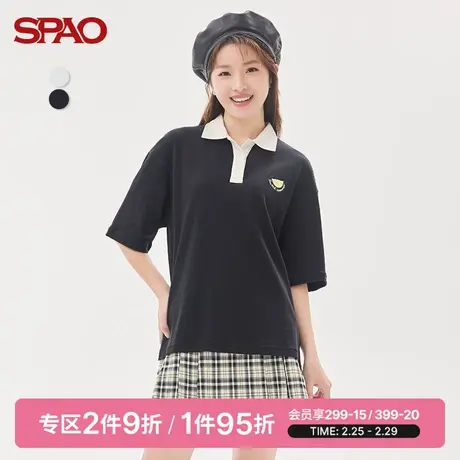 SPAO女士T恤夏季新款撞色POLO领刺绣休闲短袖T恤SPHAC25S21图片