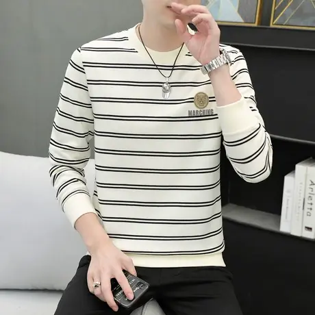 条纹圆领卫衣男春秋季潮牌宽松休闲打底衫男士潮牌长袖T恤上衣服商品大图