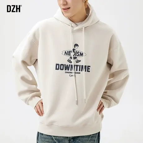 青少年杏色重磅卫衣男春秋连帽2024年新款日系印花上衣宽松打底衫商品大图