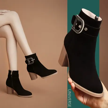 真皮短靴女羊反绒粗跟马丁靴春秋软皮舒适时尚搭扣高跟低筒靴子女商品大图