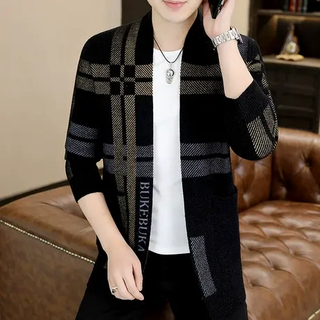 秋季时尚新款毛衣外套男士潮牌带兜针织开衫潮流帅气提花线衣披风商品大图