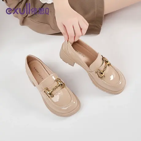 依思q杏色单鞋女粗跟百搭英伦风小皮鞋圆头漆皮中跟马衔扣乐福鞋商品大图