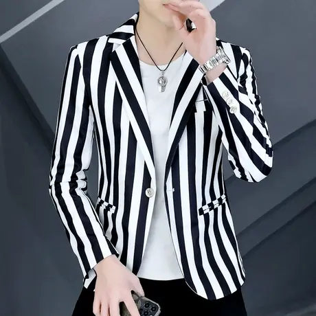 西装外套男士韩版修身单西上衣春秋季薄款潮流宽条纹帅气小西服男商品大图