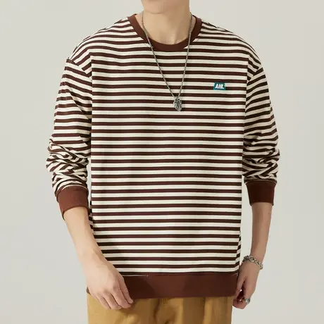 春秋款男生痞帅撞色长袖上衣服秋季男款重磅高街条纹圆领卫衣秋天图片