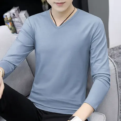 莫代尔长袖t恤男士V领纯色秋季小衫内搭打底衫秋衣服体恤潮流百搭商品大图