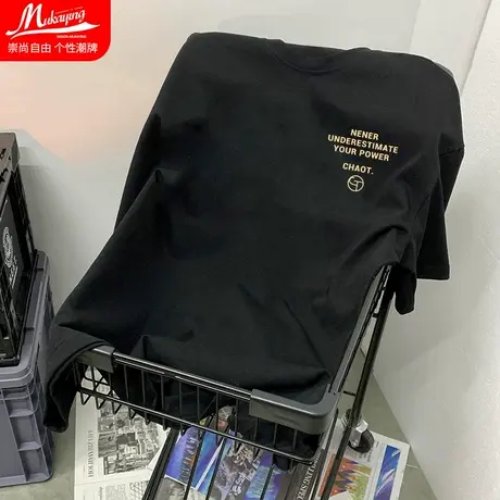 复古文字英文印花短袖t恤男简约情侣打底上衣黑色圆领bf风体恤衫图片