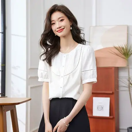 时尚气质短袖衬衫2023年夏季新款淑女温柔圆领宽松显瘦通勤上衣商品大图