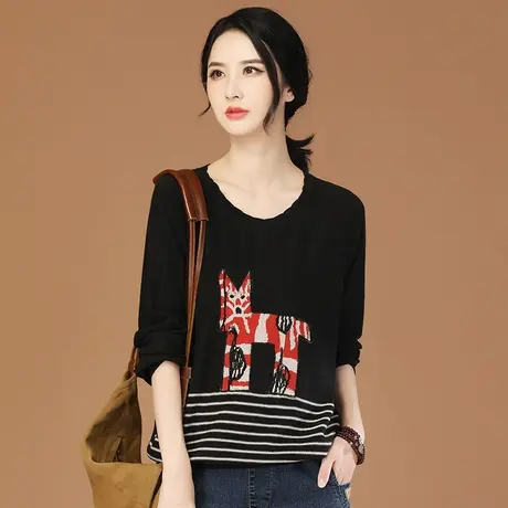 韩潮袭人圆领条纹刺绣长袖针织衫女2023秋季新款休闲宽松百搭毛衣商品大图