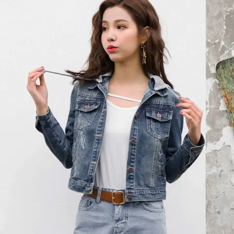 牛仔外套女短款修身韩版新款显瘦学生长袖春秋牛仔服上衣大码带帽图片