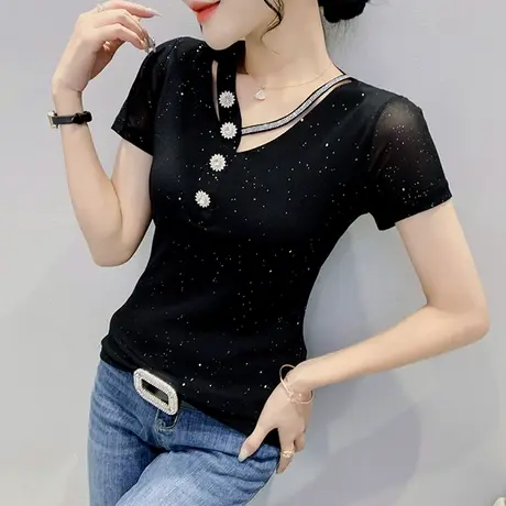 性感网纱V领短袖T恤女夏季新款洋气百搭修身小衫设计感烫钻上衣潮商品大图