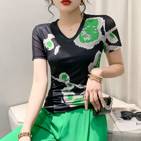 夏季网纱短袖T恤女ins性感气质小衫时尚洋气V领上衣别致印花半袖商品大图