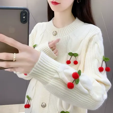 洋气外搭短款樱桃针织开衫女2023秋季新款韩版女装小个子毛衣外套商品大图