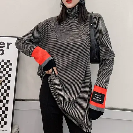 宽松高领卫衣女秋冬洋气中长款外搭条纹上衣长袖抓绒保暖打底衫潮图片