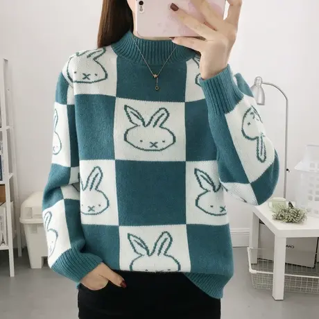 半高领加厚拼色宽松毛衣秋冬2023新款女士时尚百搭针织打底衫上衣商品大图