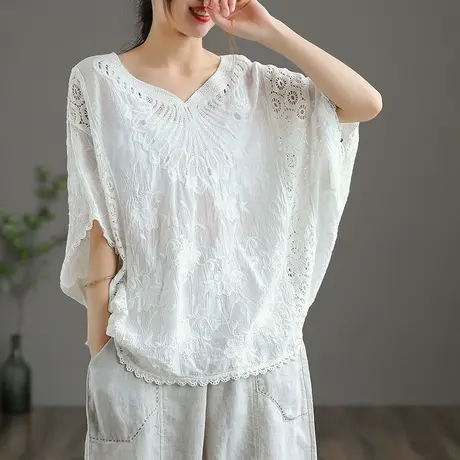 dza 蕾丝刺绣白色短袖t恤女士2022夏季新薄款宽松上衣七分袖体恤商品大图