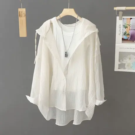 夏季休闲连帽防晒衣外套女紫外线中长款宽松大码防晒衬衫长袖开衫图片