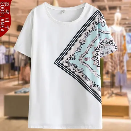 印花短袖上衣妈妈夏装洋气时尚加肥加大码女装宽松显瘦遮肉T恤衫商品大图