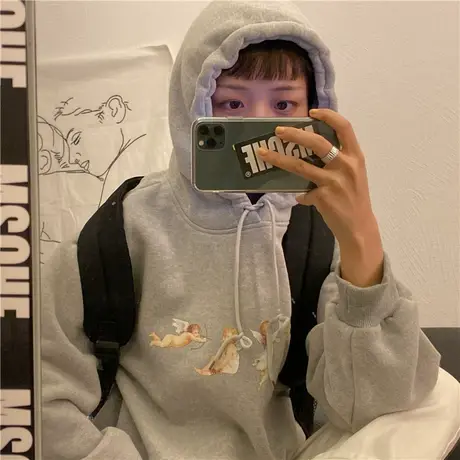 ins潮cec超火2019新款韩版宽松学院风天使加绒加厚连帽卫衣女外套图片