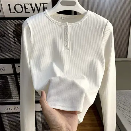 韩版修身别致小众打底衫女纯色2023春秋新款圆领纽扣长袖T恤上衣商品大图