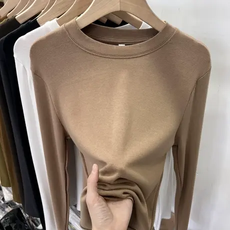 长袖T恤女2023年春秋羊绒棉混纺修身纯色软糯亲肤弹力圆领打底衫商品大图