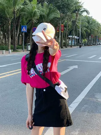 火龙果色短袖t恤女纯棉夏季2023新款潮牌ins宽松圆领港味chic上衣图片