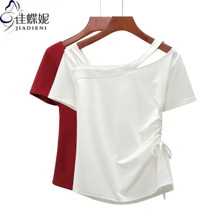 夏季新款韩版纯棉修身显瘦斜领露肩抽绳小心机纯色短袖体恤上衣女商品大图