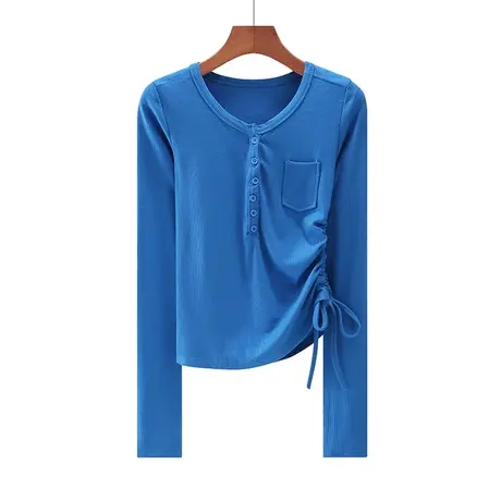 春季新款韩版圆领纯白修身纯色抽绳短款长袖体恤上衣内搭女打底衫图片