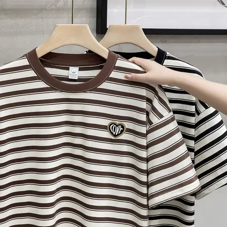 夏季日系条纹短袖t恤男装美式休闲重磅ins大码宽松休闲男生体恤衫图片