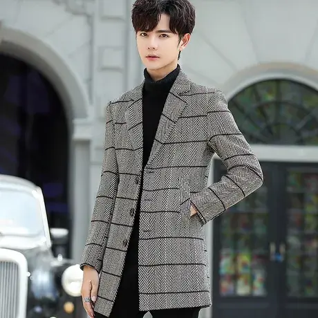 毛呢大衣男士秋冬季韩版潮流时尚格子风衣男装中长款加厚呢子外套图片