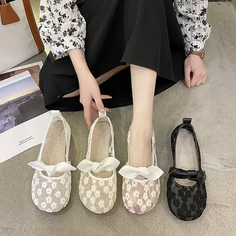 夏季蝴蝶结布鞋女透气网布单鞋蕾丝镂空软底瓢鞋平底豆豆鞋孕妇鞋商品大图