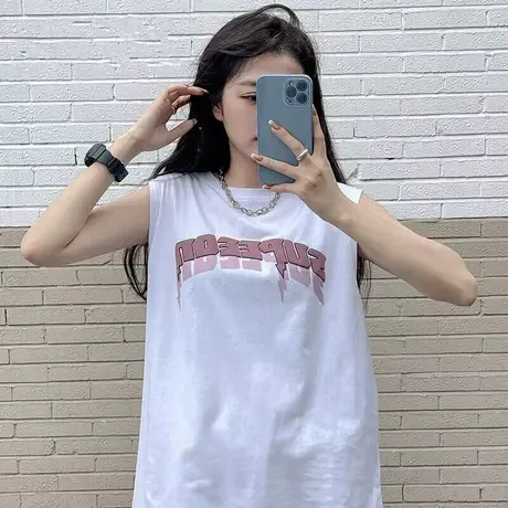 纯棉港风吊带运动坎肩背心无袖t恤女夏季设计感小众外穿宽松上衣商品大图