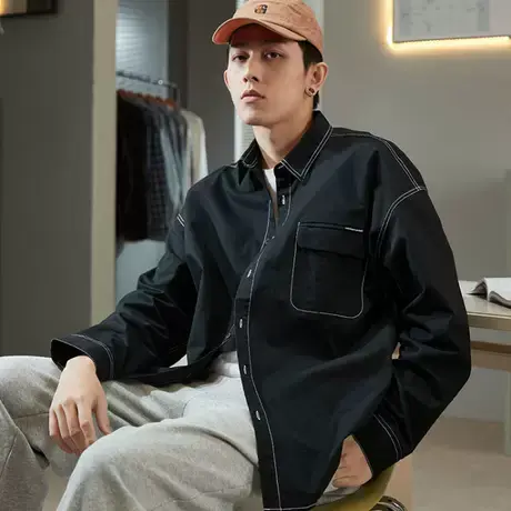 唐狮春秋新款辑明线工装衬衫男长袖多口袋时尚全棉衬衣上衣潮复古图片