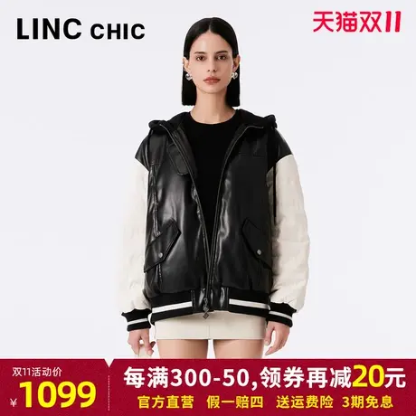 LINCCHIC金羽杰羽绒服女2023秋冬新款潮酷皮质拼接夹克Y23802019商品大图
